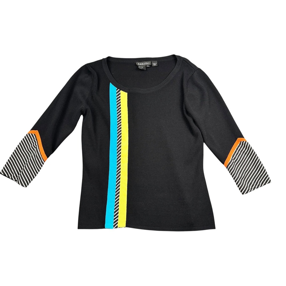 Radzoli Womens XL Black Knit Top Colorblock Stripe 3/4 Sleeve Graphic Scoop Neck